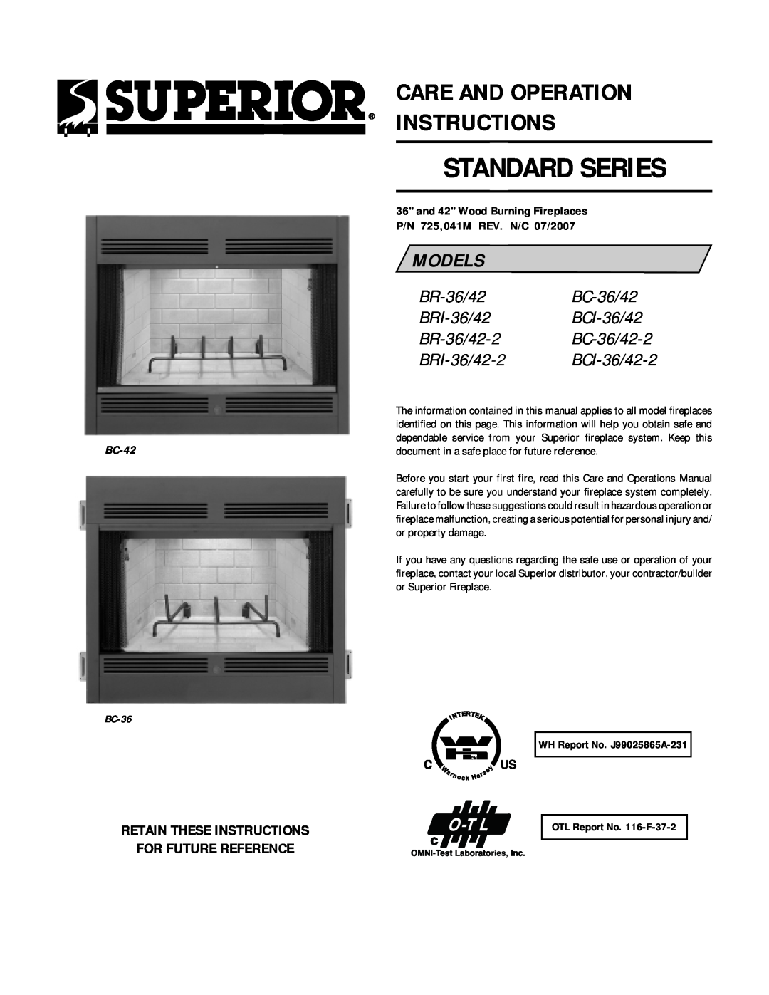 Superior BC-36/42-2, BRI-36/42-2 manual Retain These Instructions For Future Reference, Standard Series, Models, BC-42 