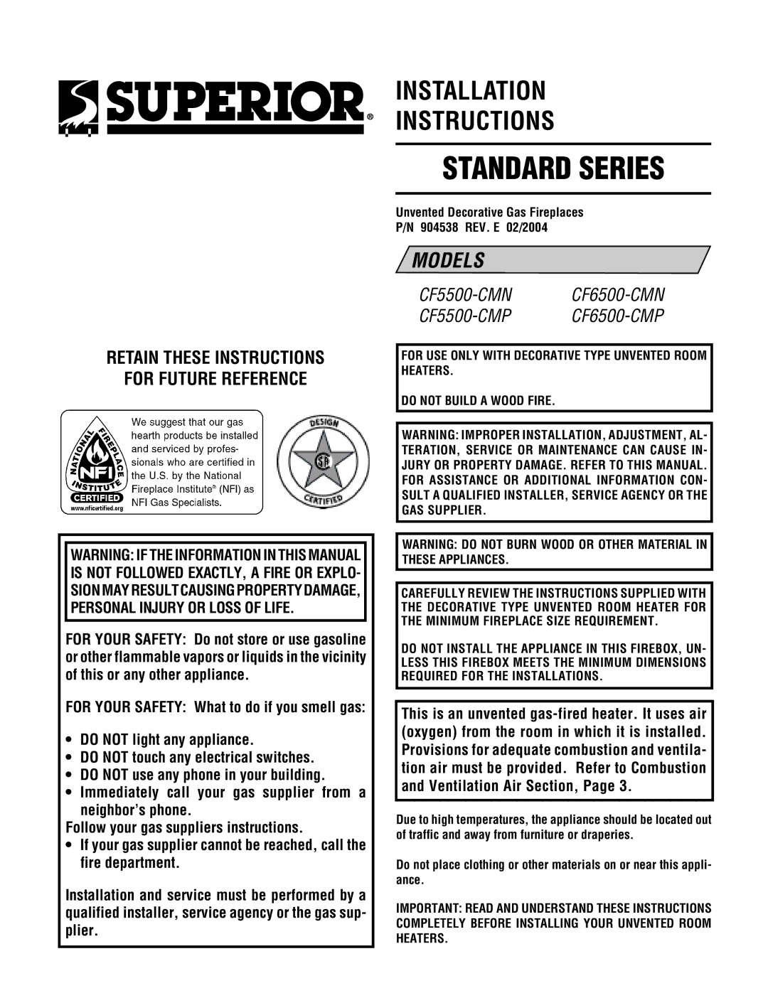 Superior CF5500-CMP, CF6500-CMP, CF5500-CMN installation instructions Retain These Instructions For Future Reference 