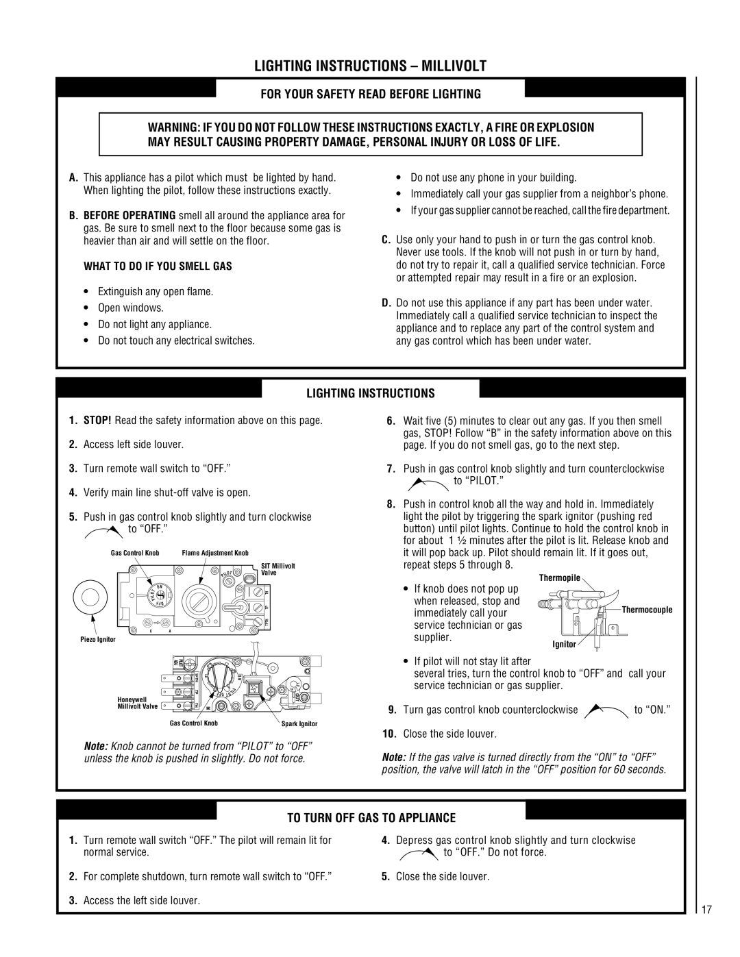 Superior CF5500-CMP Lighting Instructions Millivolt, To Turn OFF GAS to Appliance, Normal service To OFF. Do not force 