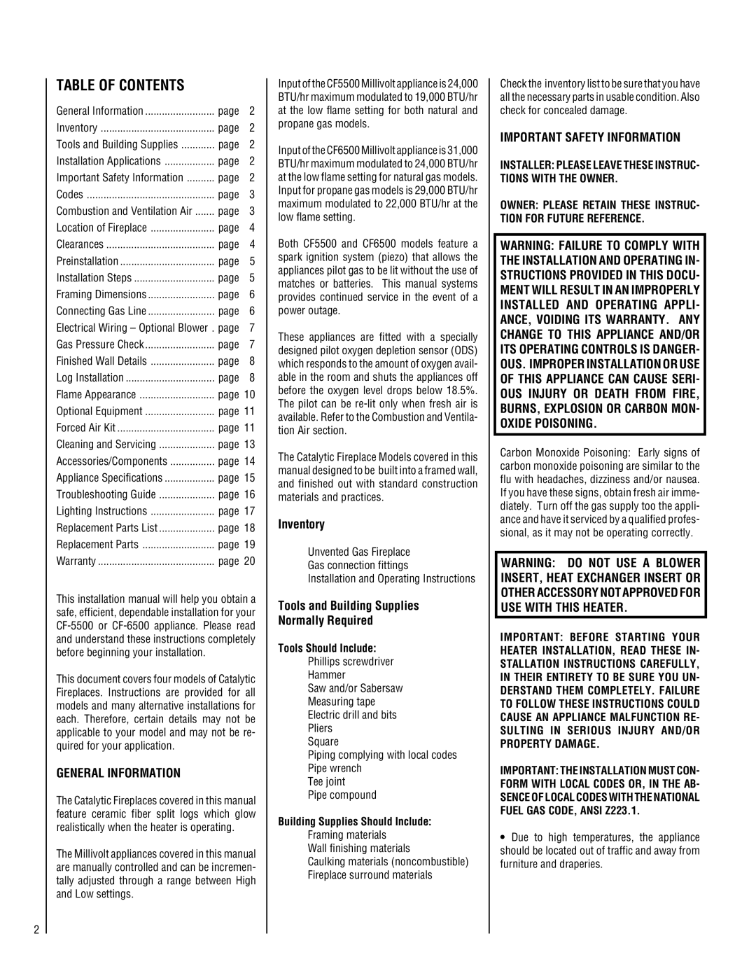 Superior CF5500-CMN, CF6500-CMP, CF5500-CMP, CF6500-CMN installation instructions Table of Contents 