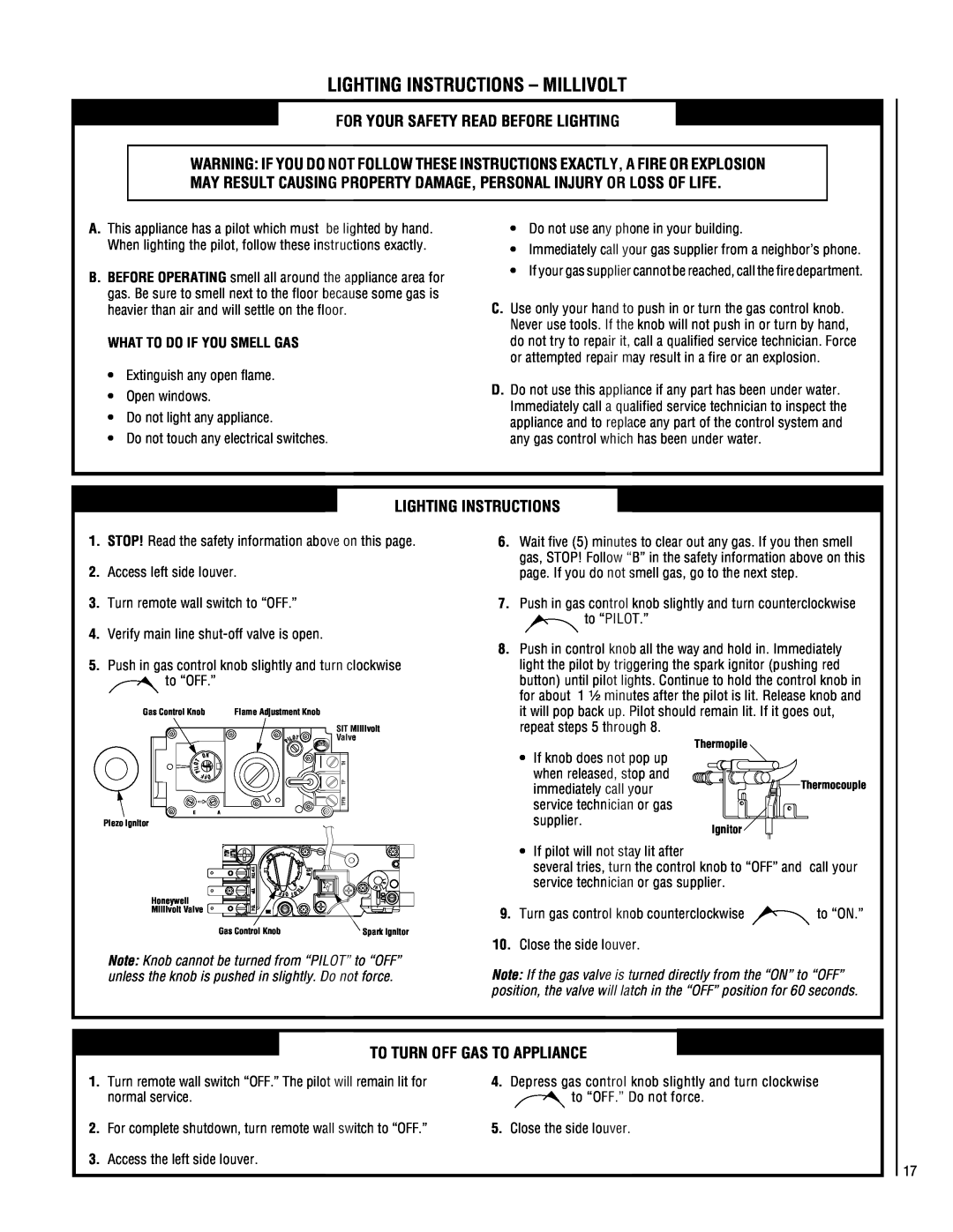 Superior CF5500-CMP Lighting Instructions - Millivolt, For Your Safety Read Before Lighting, To Turn Off Gas To Appliance 