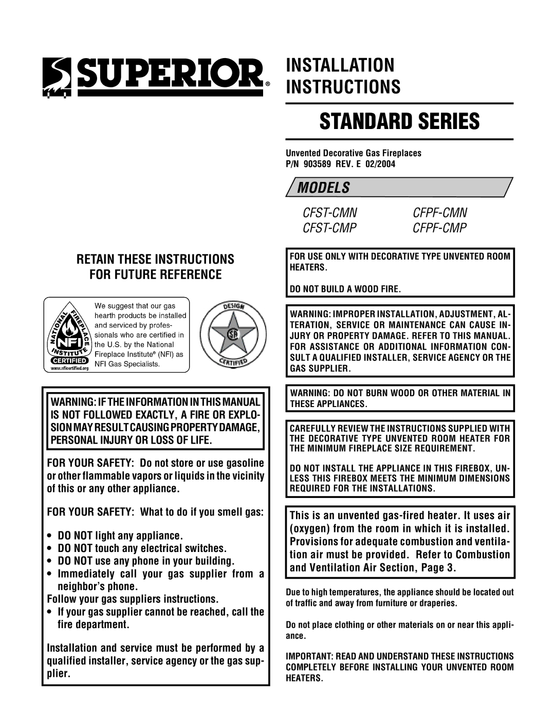 Superior CFST-CMP, CFPF-CMP, CFPF-CMN, CFST-CMN installation instructions Retain These Instructions For Future Reference 