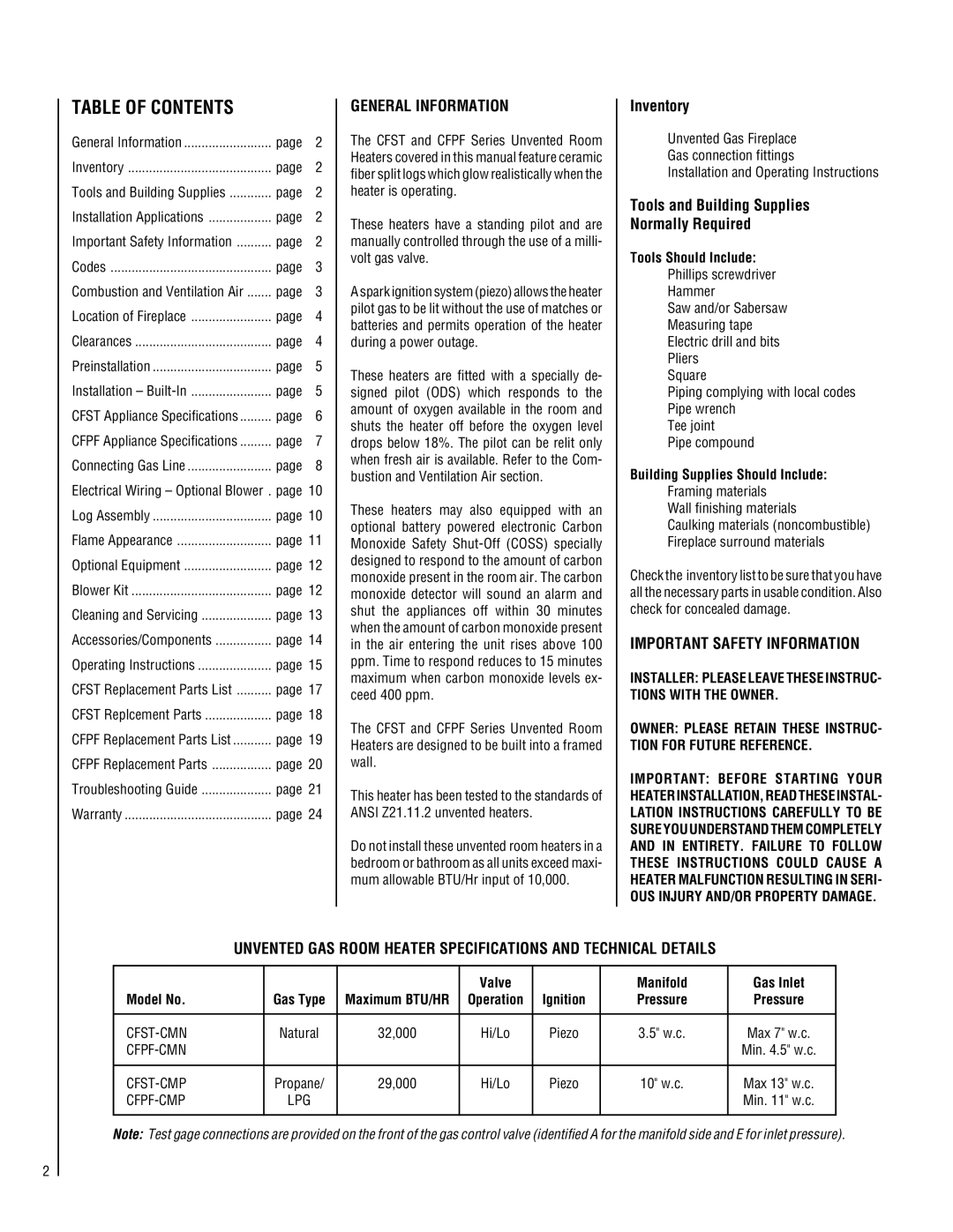 Superior CFPF-CMN, CFPF-CMP, CFST-CMP, CFST-CMN installation instructions Table of Contents 