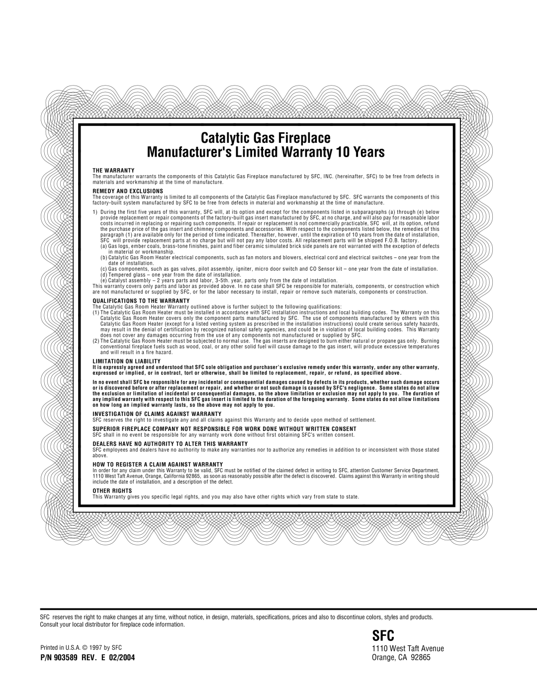 Superior CFPF-CMP, CFST-CMP, CFPF-CMN, CFST-CMN installation instructions 903589 REV. E 02/2004, Orange, CA 