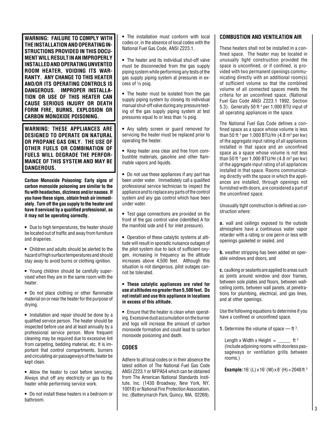 Superior CFST-CMN, CFPF-CMP Codes, Combustion and Ventilation AIR, Do not install these heaters in a bedroom or bathroom 