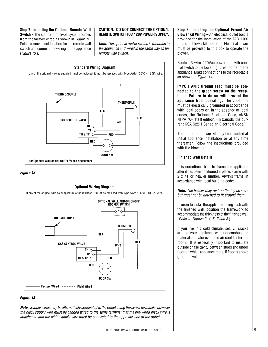 Superior CFST-CMP, CFPF-CMP, CFPF-CMN, CFST-CMN Standard Wiring Diagram, Optional Wiring Diagram, Finished Wall Details 