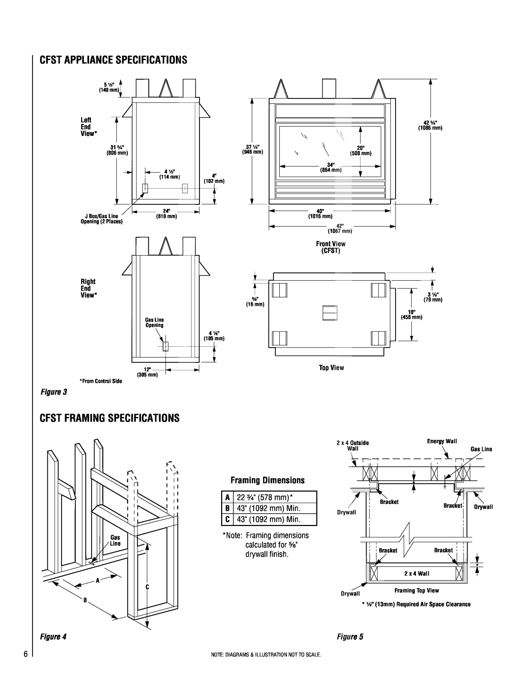 Superior CFPF-CMN Cfst Framing Specifications, Framing Dimensions, Cfst Appliance Specifications, Left End View, Top View 