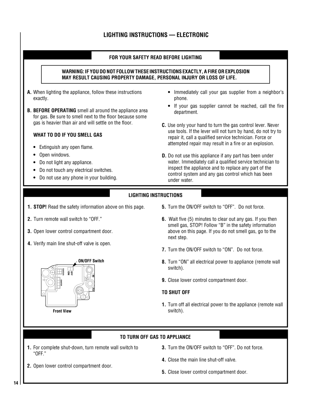 Superior DR500 manual Lighting Instructions Electronic, What to do if YOU Smell GAS, To Shut OFF, Front View 