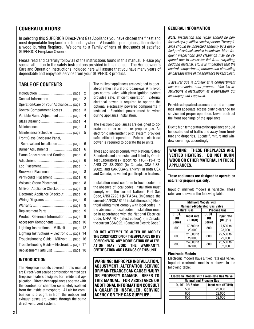 Superior DR500 manual Congratulations, Table of Contents 