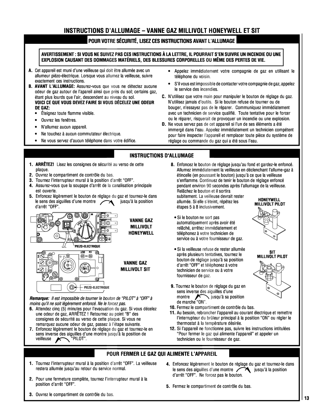 Superior DR500 manual Instructions Dallumage, Pour Fermer Le Gaz Qui Alimente L’Appareil 