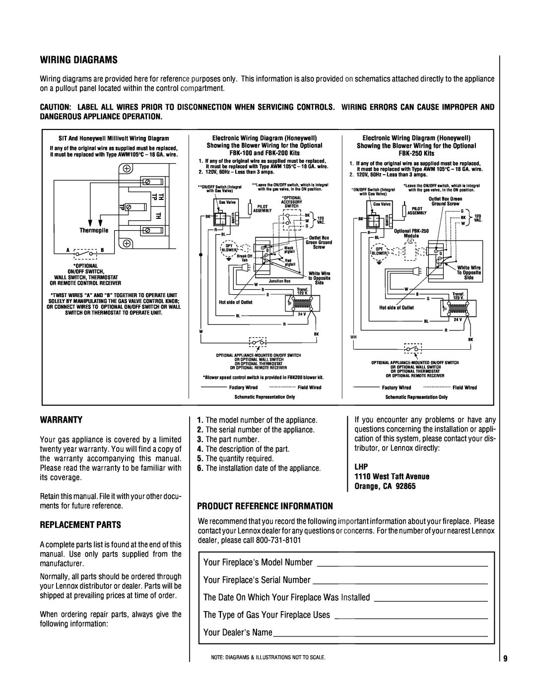 Superior DR500 manual Wiring Diagrams, Warranty, Replacement Parts, Product Reference Information, FBK-100and FBK-200Kits 