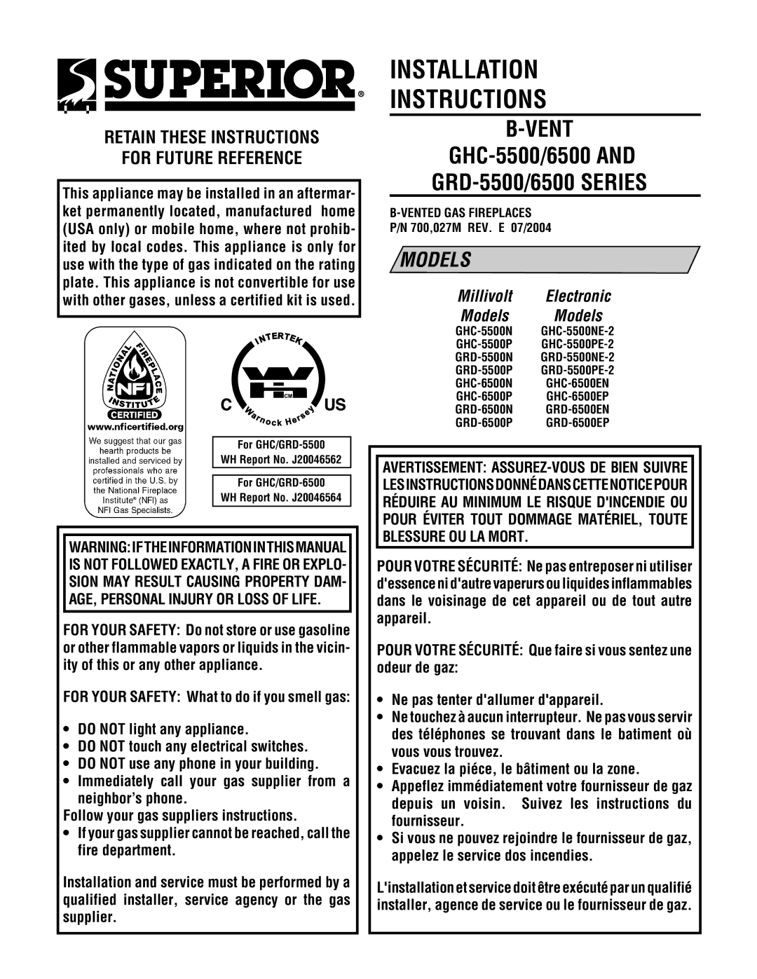 Superior GHC/GRD-5500 installation instructions Vented GAS Fireplaces, 700,027M REV. E 07/2004 