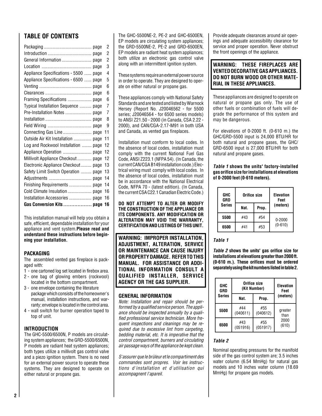 Superior GHC/GRD-5500 installation instructions Table of Contents 