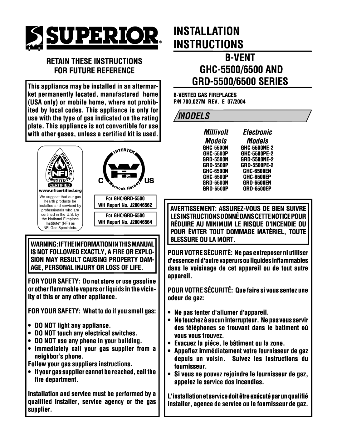 Superior GHC/GRD-5500 installation instructions Installation Instructions, B-VENT GHC-5500/6500AND GRD-5500/6500SERIES 