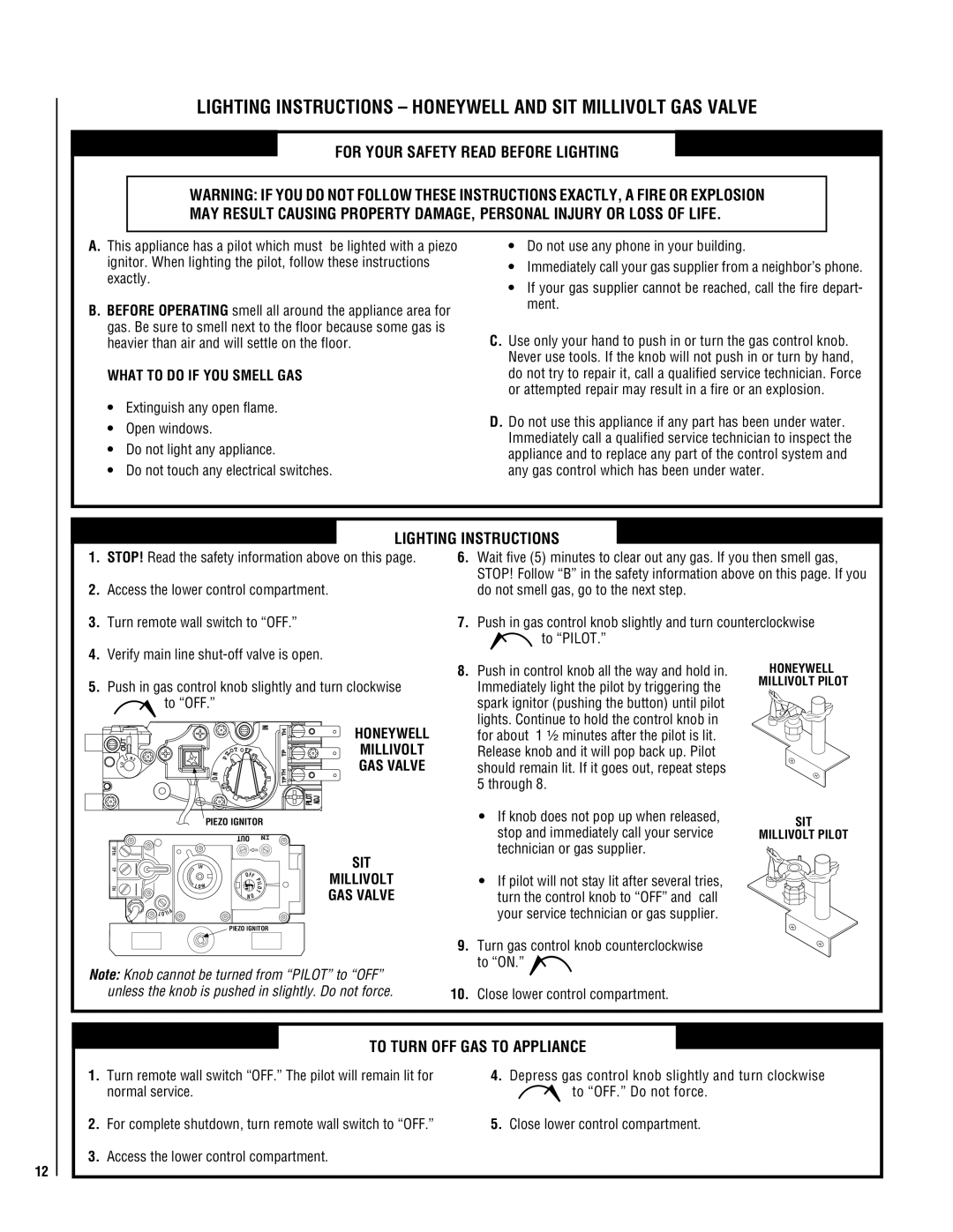 Superior NMC004-TD, NEC004-TD Lighting Instructions Honeywell and SIT Millivolt GAS Valve, To Turn OFF GAS to Appliance 