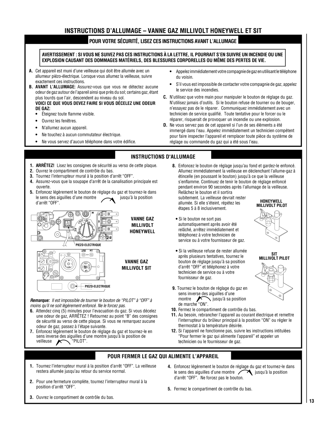 Superior NEC004-TD, NMC004-TD manual Instructions Dallumage, Pour Fermer LE GAZ QUI Alimente L’APPAREIL 