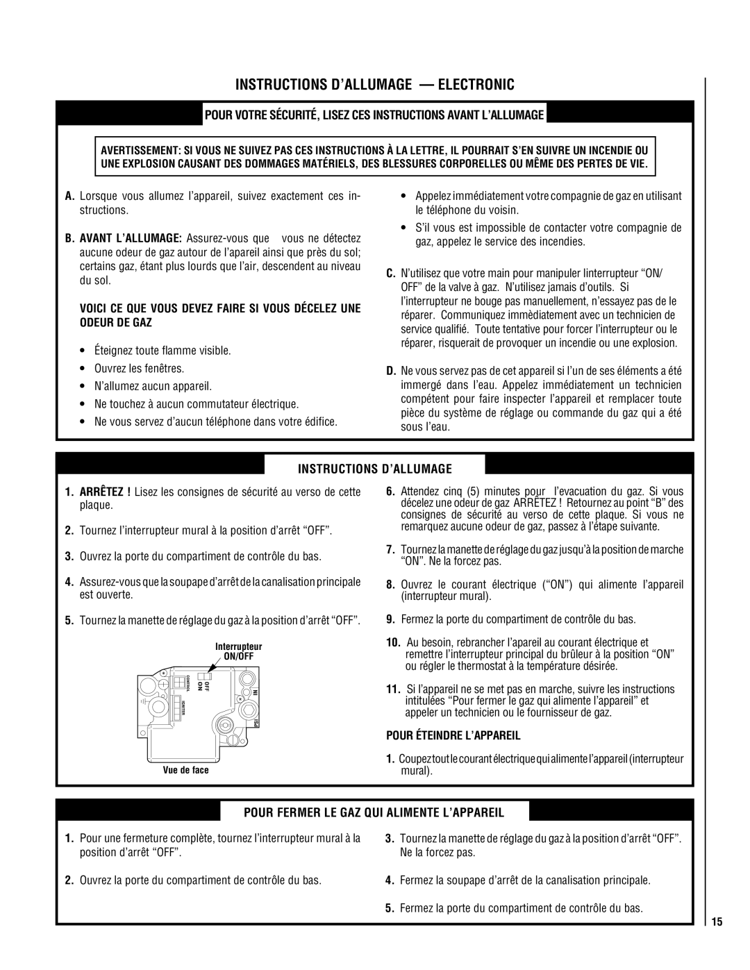 Superior NEC004-TD, NMC004-TD manual Instructions D’ALLUMAGE Electronic, Pour Éteindre L’APPAREIL 