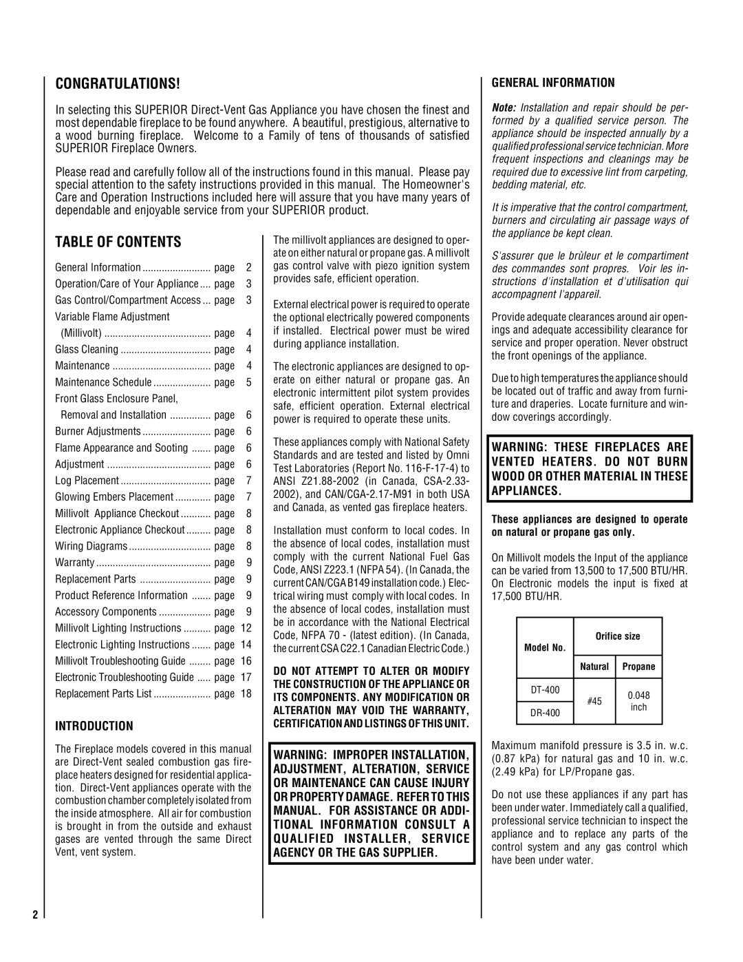 Superior NMC004-TD, NEC004-TD manual Congratulations, Table of Contents 