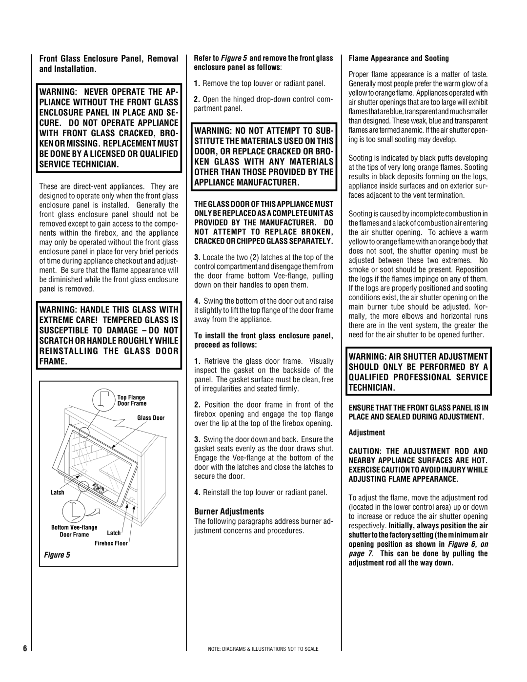 Superior NMC004-TD Front Glass Enclosure Panel, Removal and Installation, Burner Adjustments, Flame Appearance and Sooting 