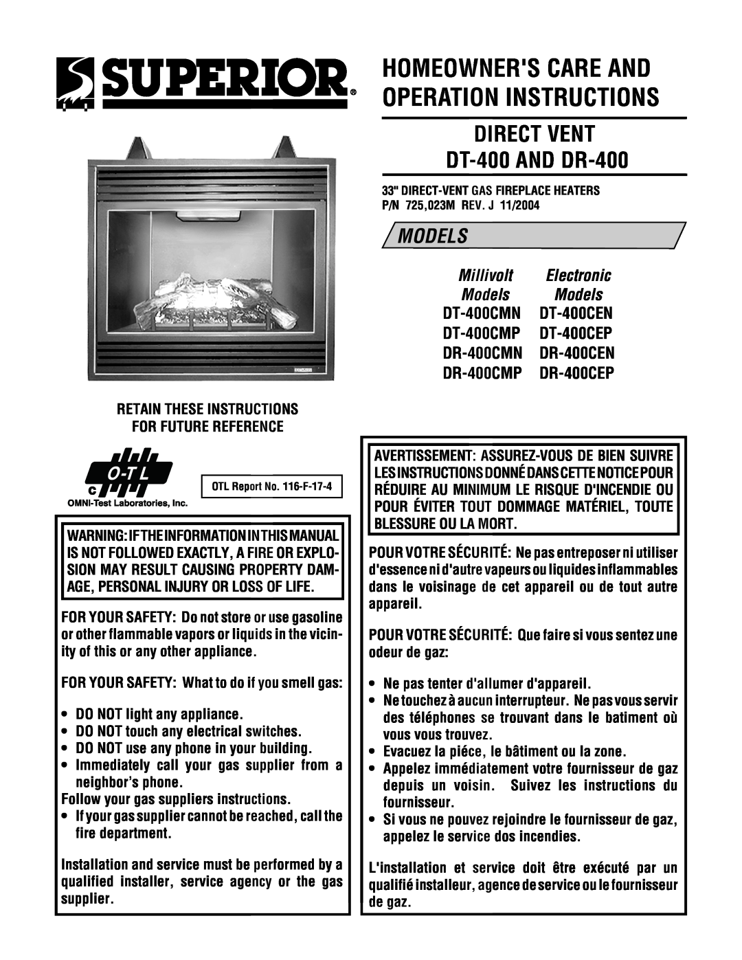 Superior NEC004-TD, NMC004-TD manual DIRECT VENT DT-400AND DR-400, Homeowners Care And Operation Instructions, Models 