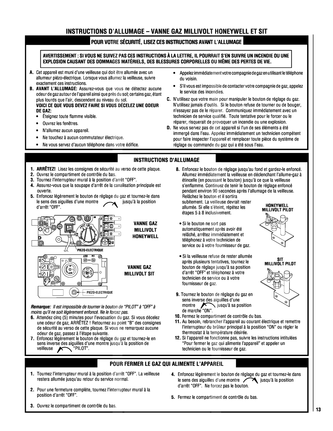 Superior NEC004-TD, NMC004-TD manual Instructions Dallumage, Pour Fermer Le Gaz Qui Alimente L’Appareil 