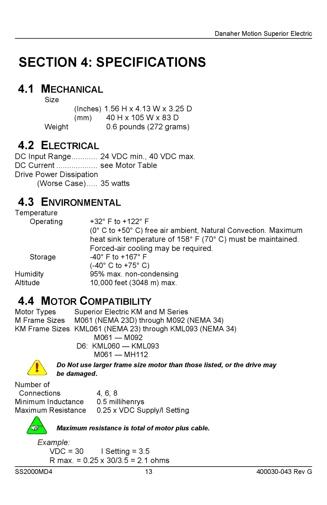 Superior SS2000MD4 installation instructions Specifications, Mechanical, Electrical, Environmental, Motor Compatibility 