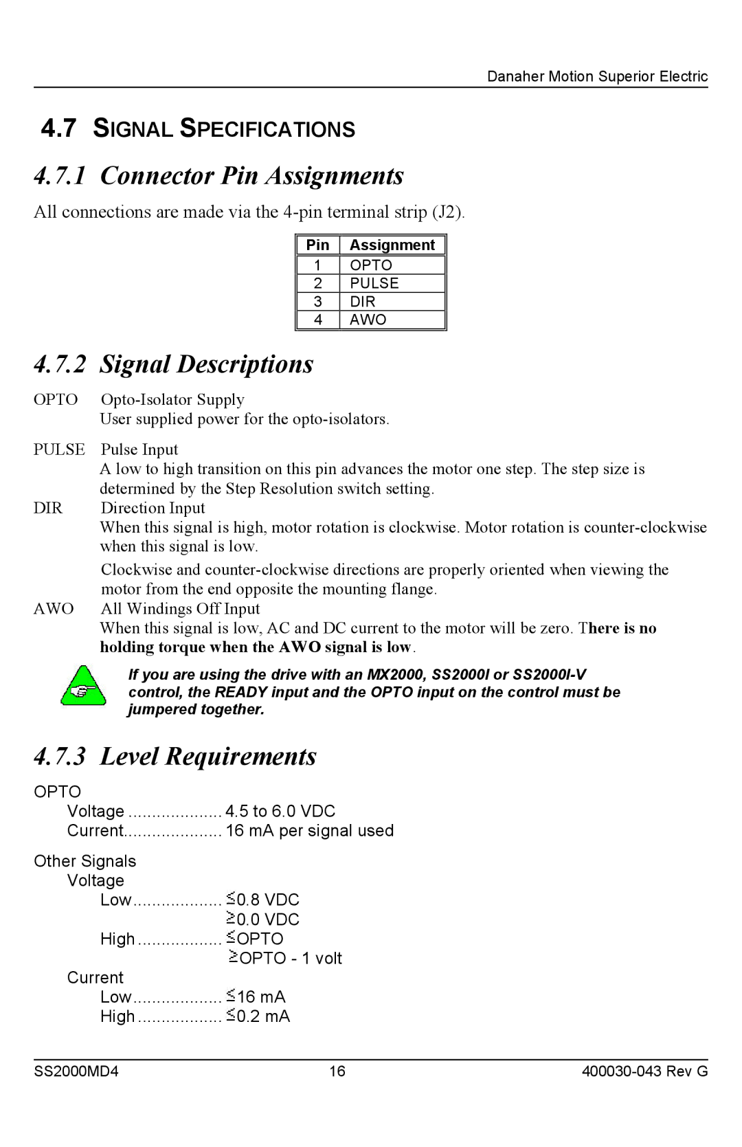 Superior SS2000MD4 installation instructions Signal Descriptions, Signal Specifications 