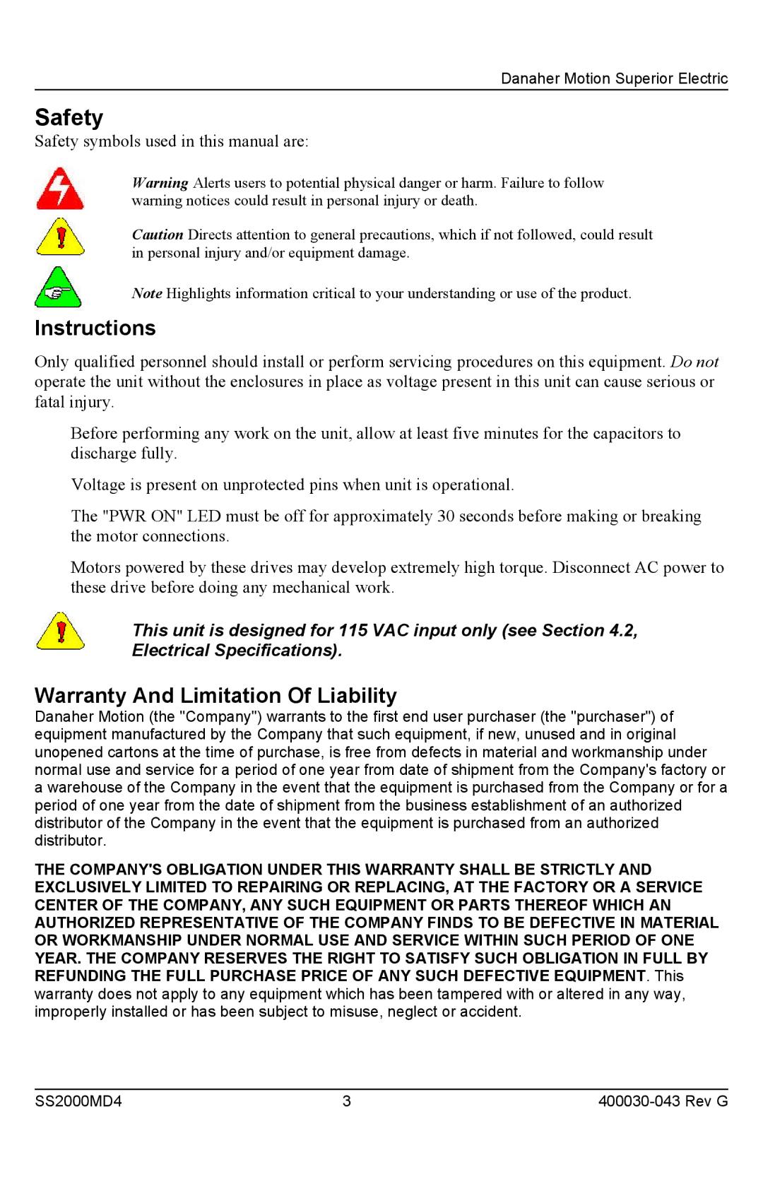 Superior SS2000MD4 installation instructions Safety 