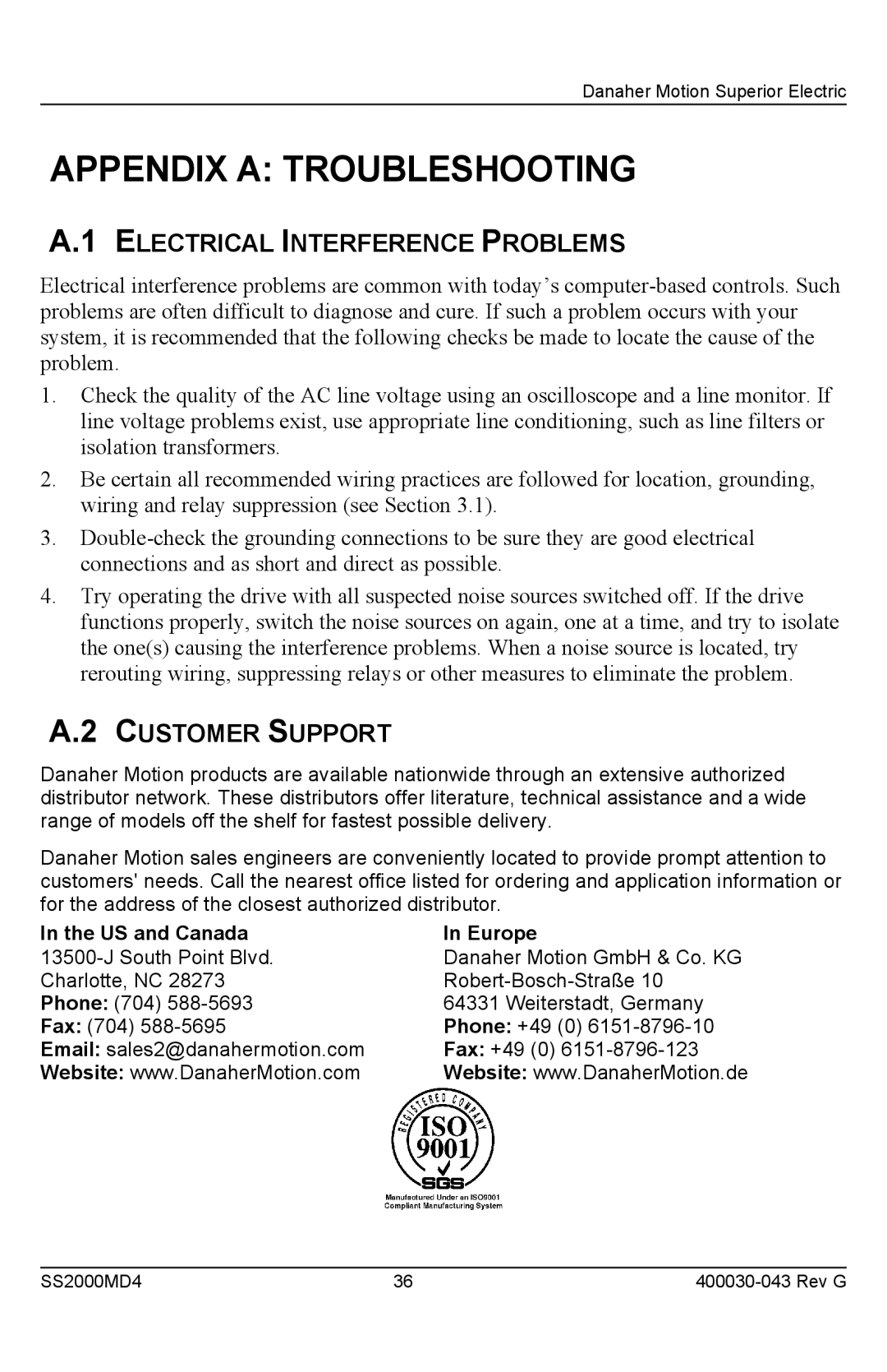 Superior SS2000MD4 installation instructions Appendix a Troubleshooting, Electrical Interference Problems, Customer Support 