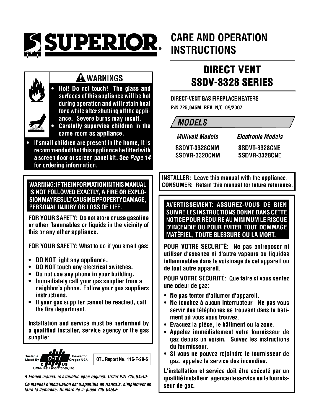 Superior SSDVT-3328CNM manual For Your Safety What to do if you smell gas, 725,045M REV. N/C 09/2007 