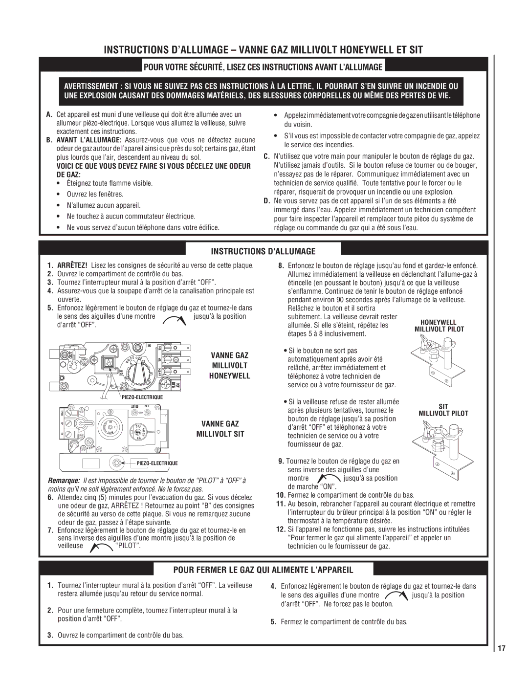 Superior SSDVT-3328CNM manual Instructions Dallumage, Pour Fermer LE GAZ QUI Alimente L’APPAREIL 