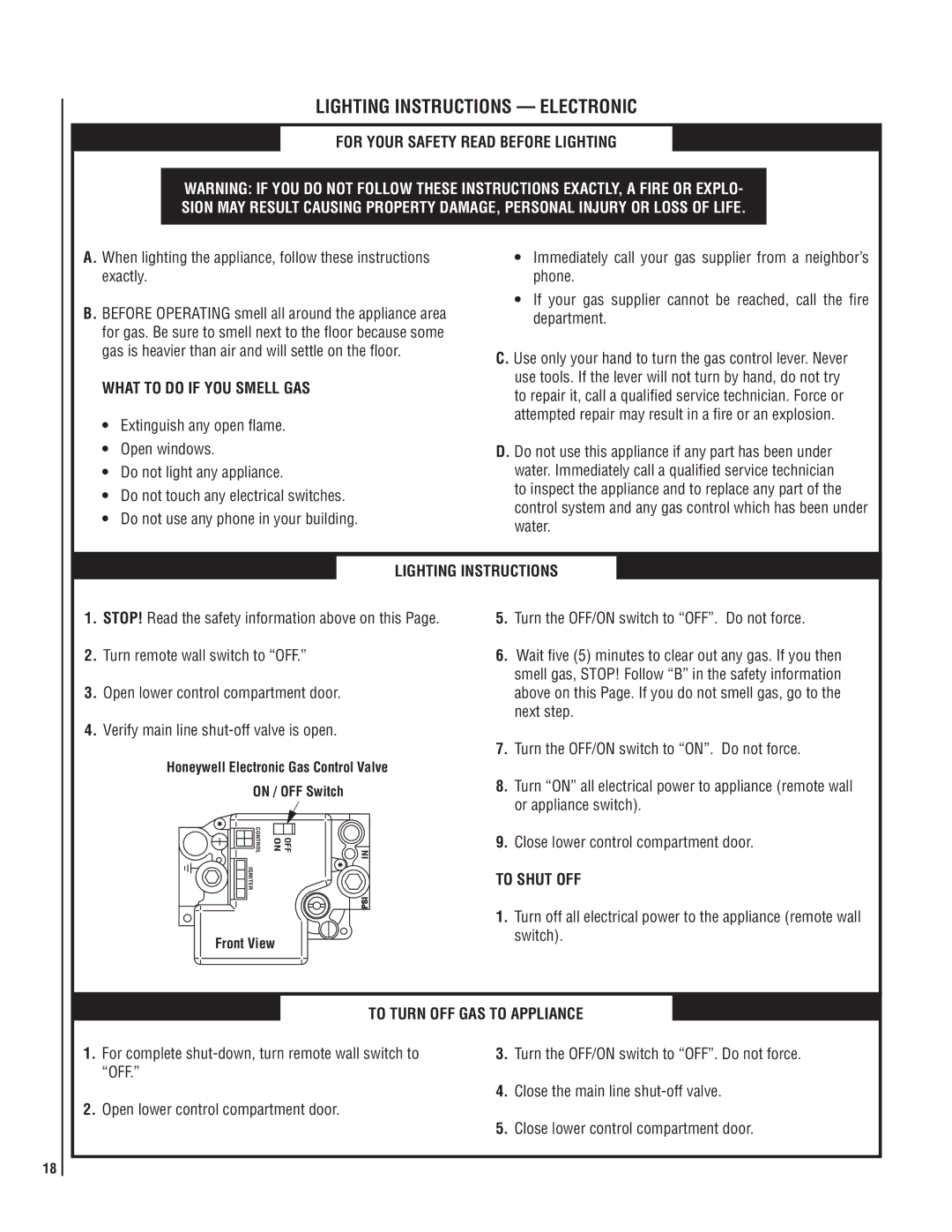 Superior SSDVT-3328CNM What to do if YOU Smell GAS, To shut off, Honeywell Electronic Gas Control Valve On / OFF Switch 