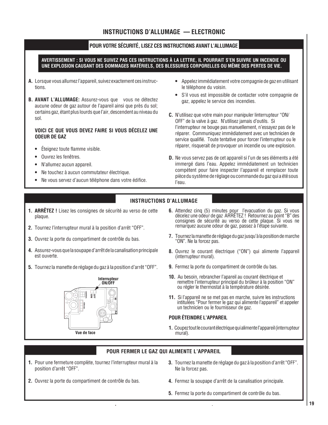 Superior SSDVT-3328CNM manual Instructions D’ALLUMAGE, Pour Éteindre L’APPAREIL 