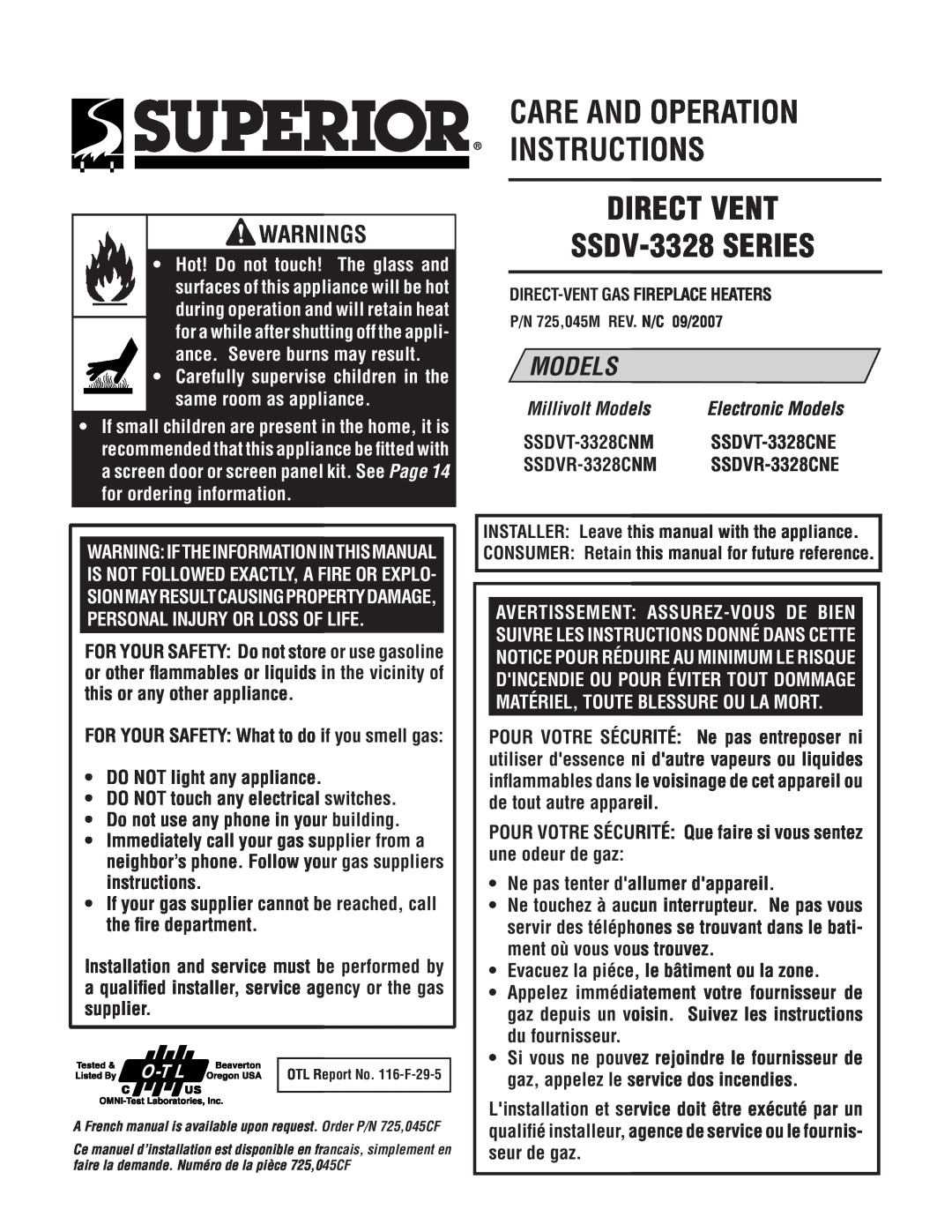 Superior SSDVT-3328CNM manual care and operation instructions DIRECT VENT, SSDV-3328SERIES, Models, Warnings 