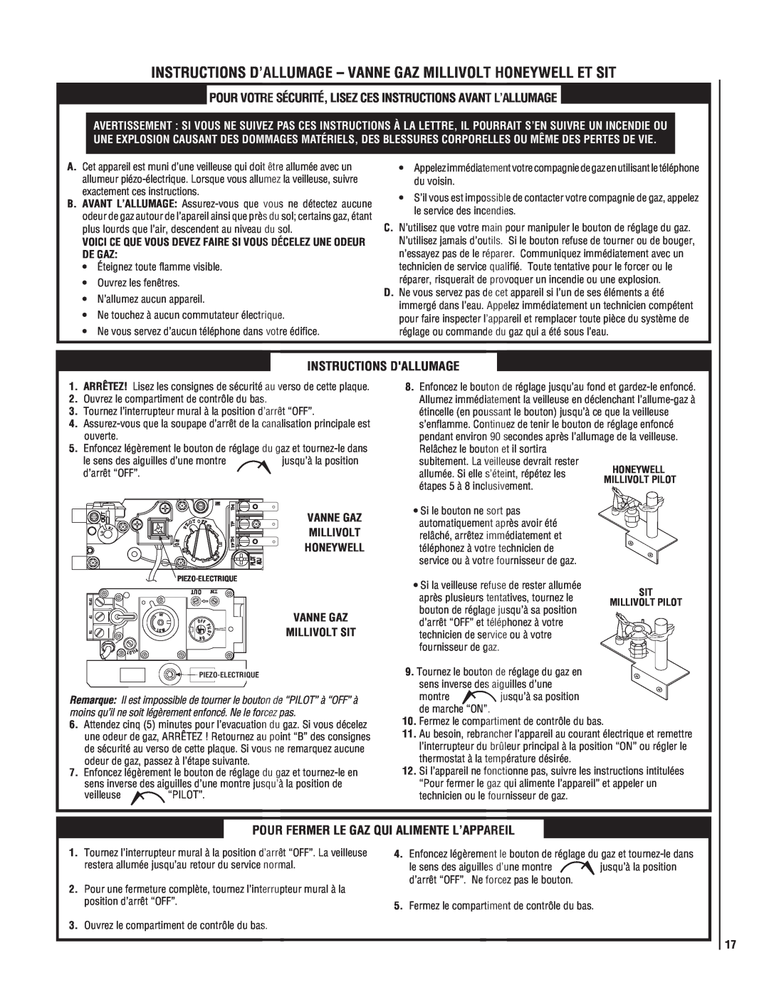 Superior SSDVT-3328CNM manual Instructions Dallumage, Pour Fermer Le Gaz Qui Alimente L’Appareil 