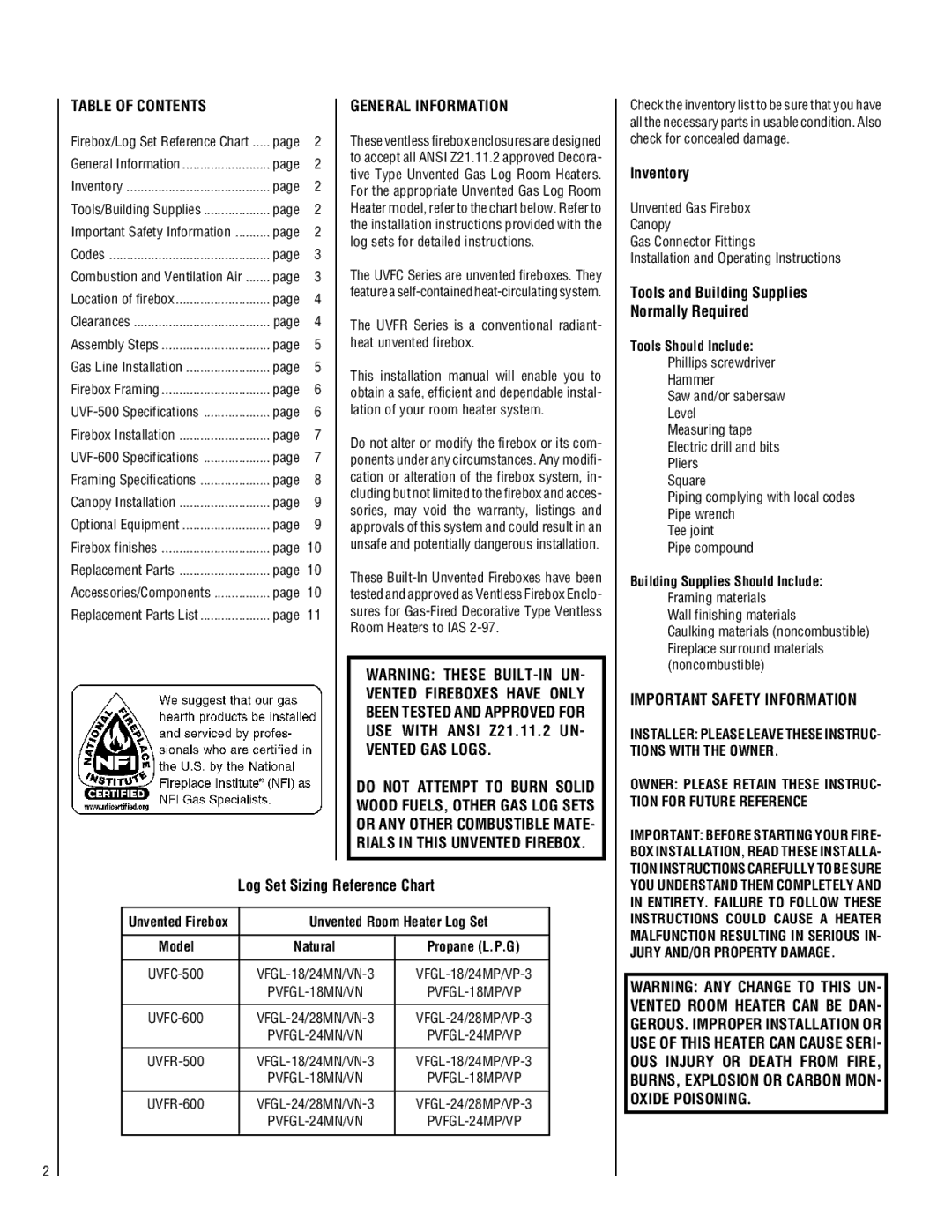 Superior UVFC-500, UVFR-600, UVFC-600 Table of Contents, General Information, Vented GAS Logs, Important Safety Information 