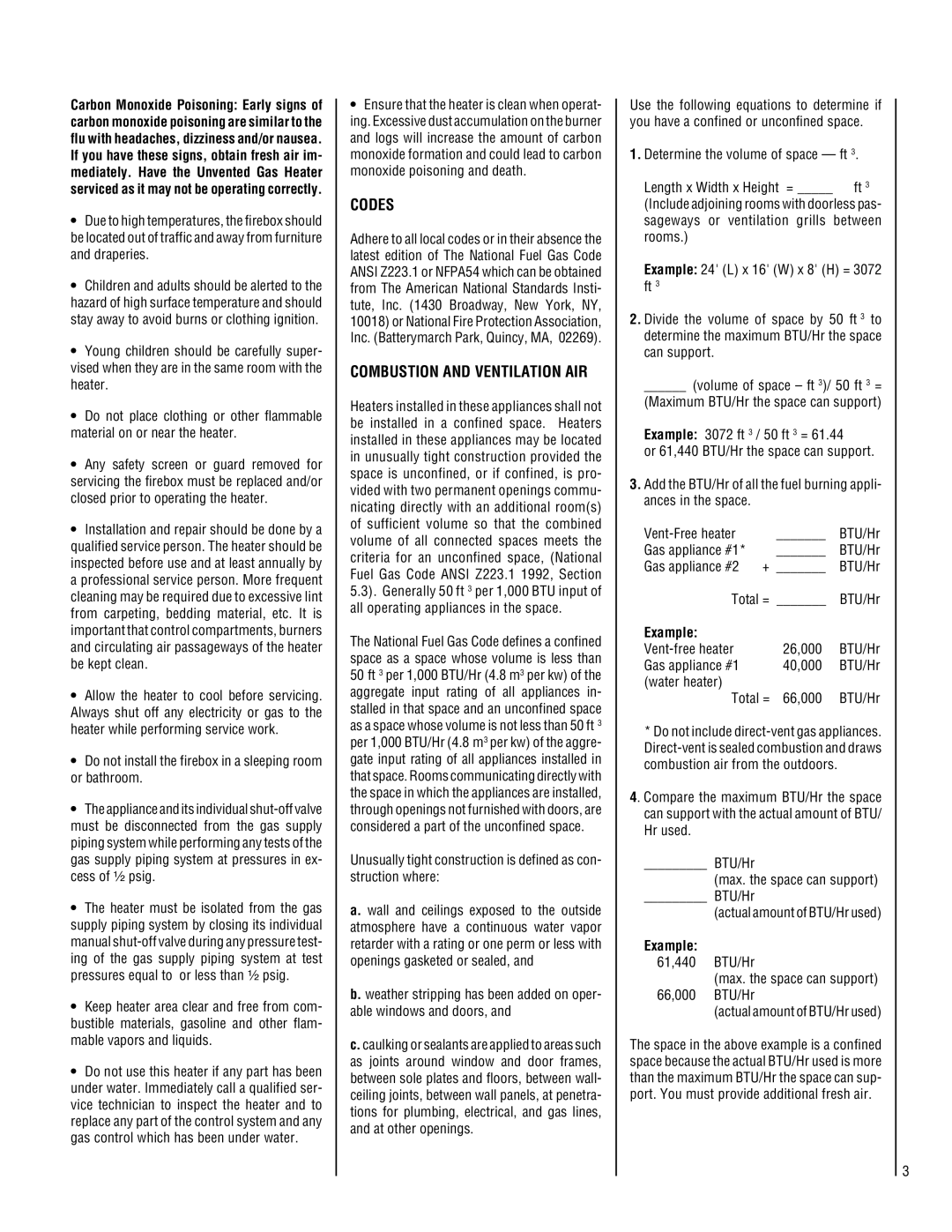 Superior UVFR-500, UVFR-600, UVFC-600, UVFC-500 installation instructions Codes, Combustion and Ventilation AIR, Example 