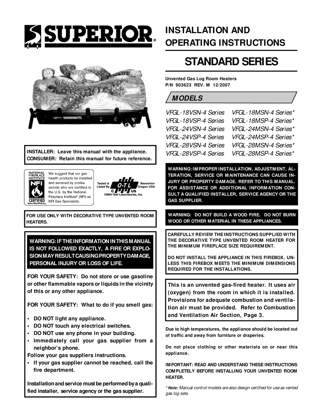 Superior VFGL-28VSN-4 SERIES, VFGL-28MSN-4 SERIES* dimensions Consumer Retain this manual for future reference 