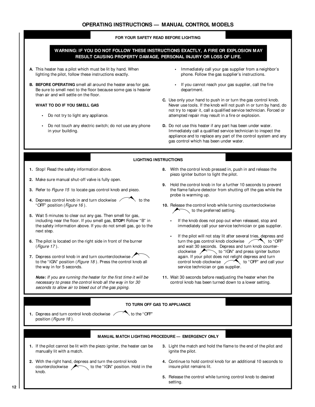 Superior VFGL-28MSN-4 SERIES* dimensions Operating Instructions Manual Control Models, For Your Safety Read Before Lighting 