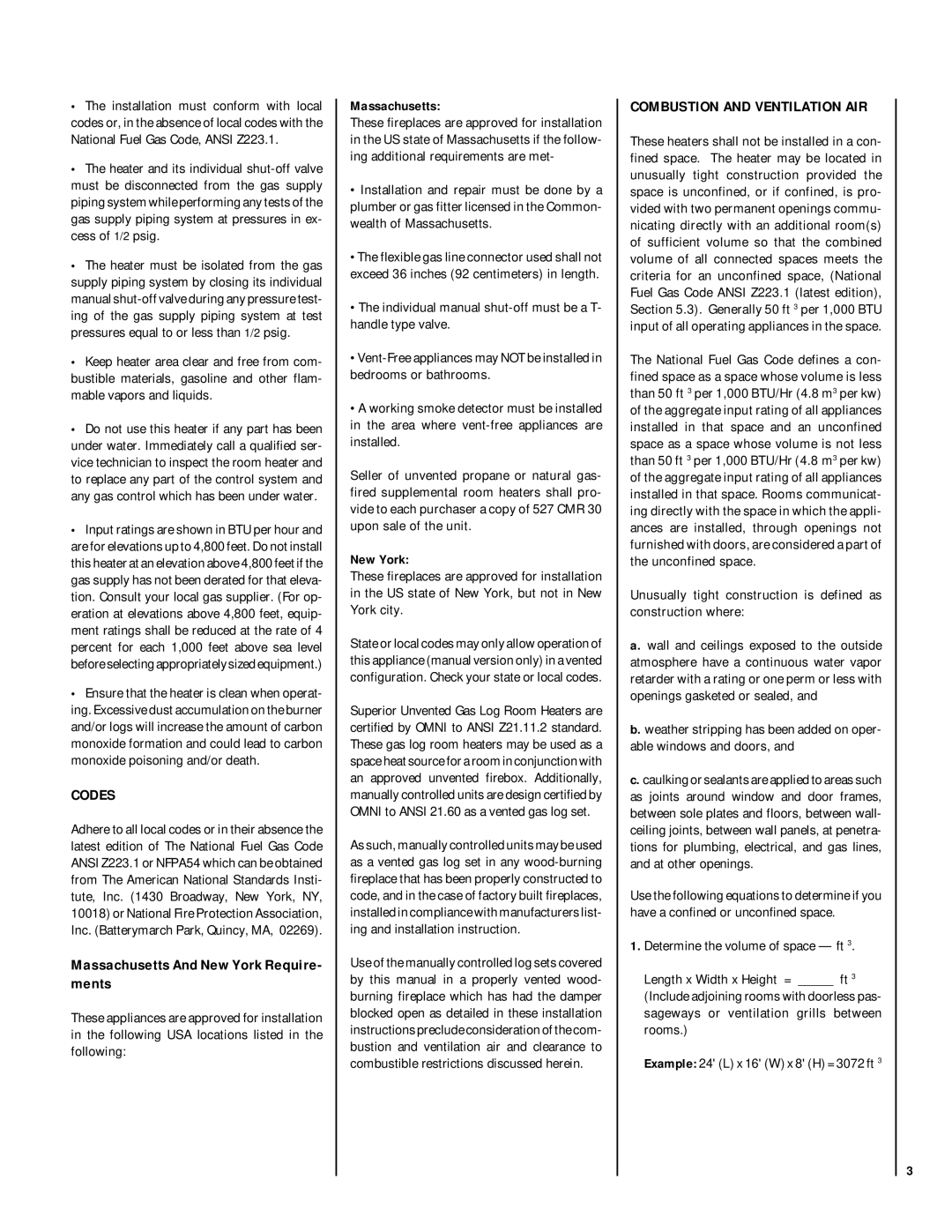 Superior VFGL-18VSP-4 SERIES dimensions Codes, Massachusetts And New York Require- ments, Combustion and Ventilation AIR 