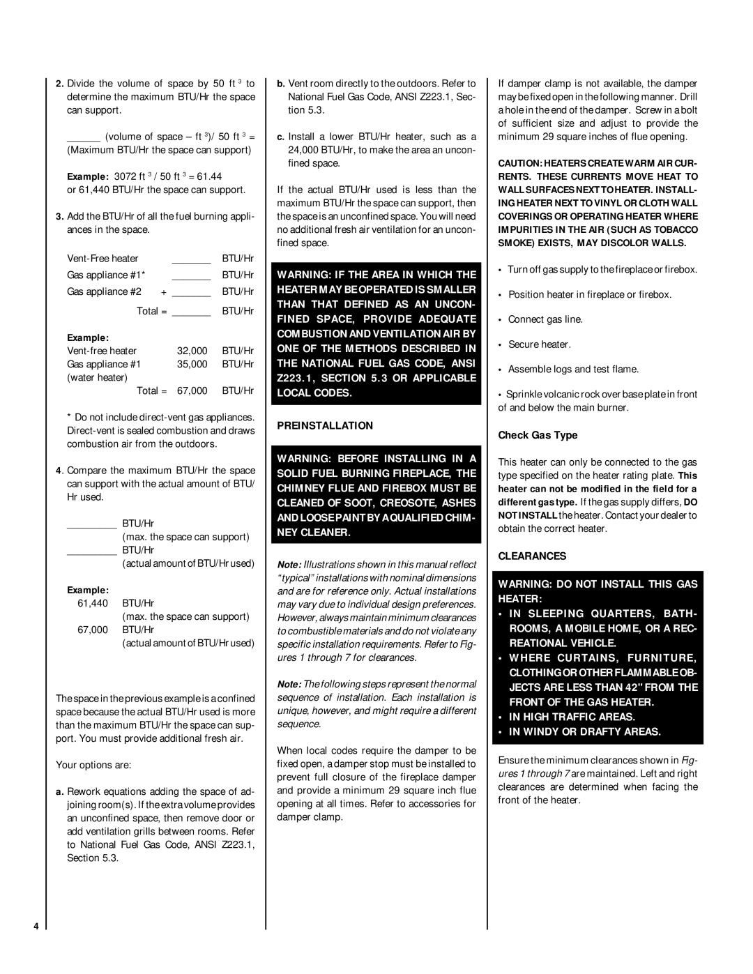 Superior VFGL-24VSN-4 SERIES, VFGL-28MSN-4 SERIES* dimensions Preinstallation, Check Gas Type, Clearances, Example 