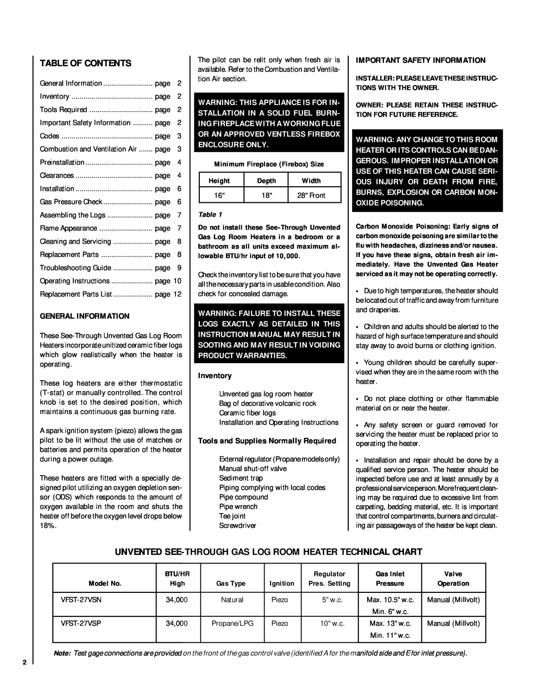Superior VFST-27VSN-2, VFST-27VSP-2 Table Of Contents, General Information, Inventory, Important Safety Information 