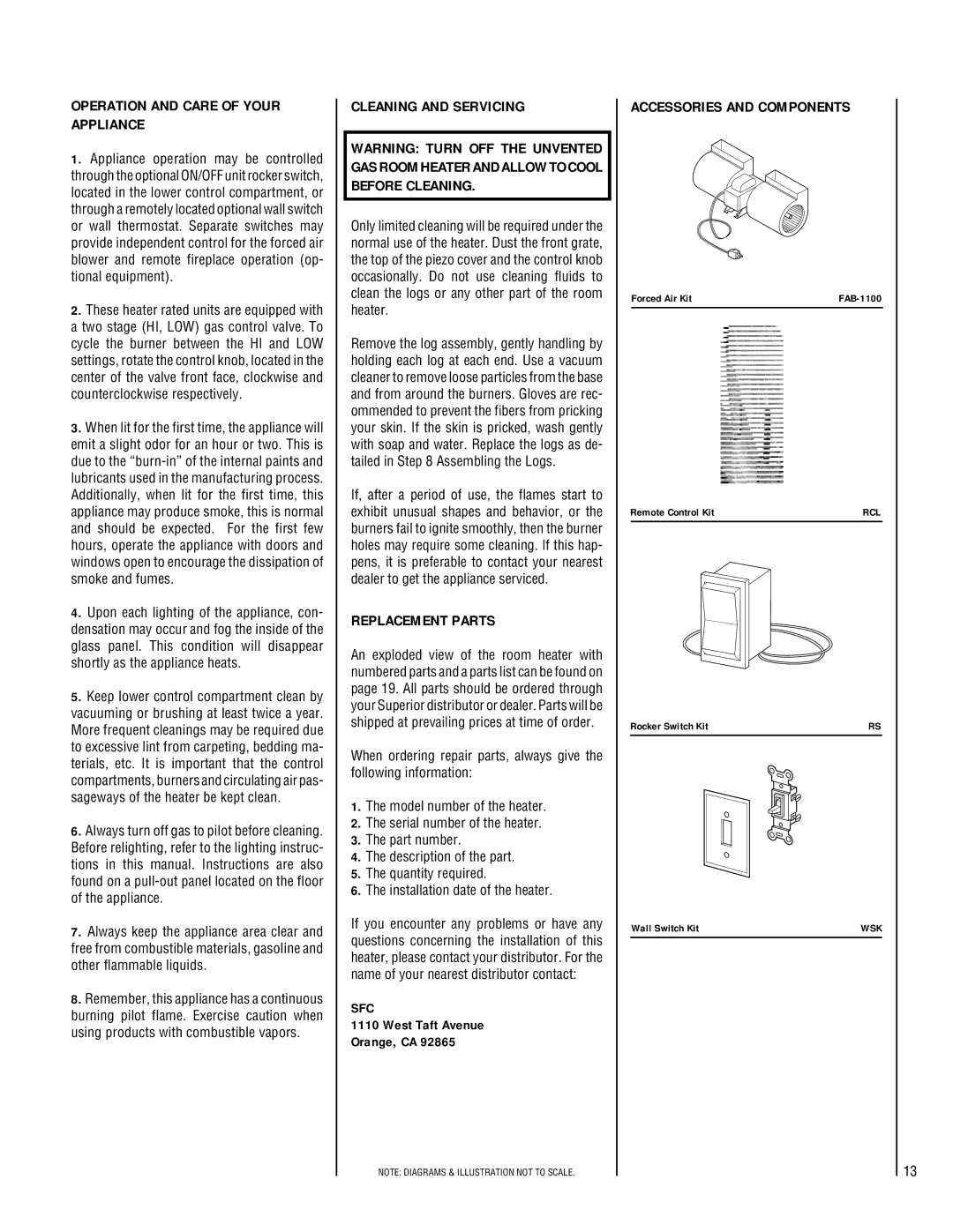 Superior VFPF-CMP-2, VFST-CMP-2 Operation and Care of Your Appliance, Cleaning and Servicing, Replacement Parts, Sfc 