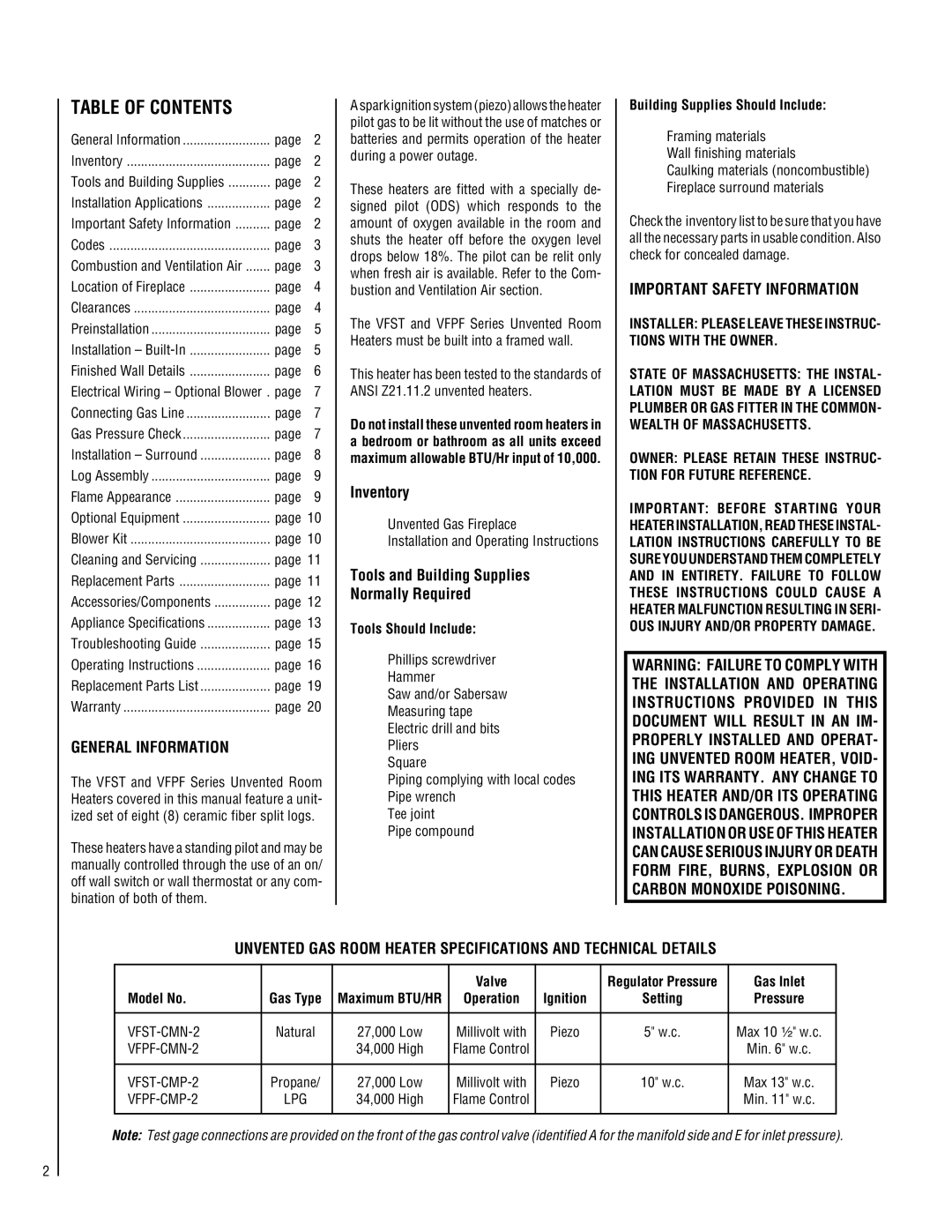 Superior VFST-CMN-2, VFST-CMP-2, VFPF-CMP-2, VFPF-CMN-2 installation instructions Table of Contents 