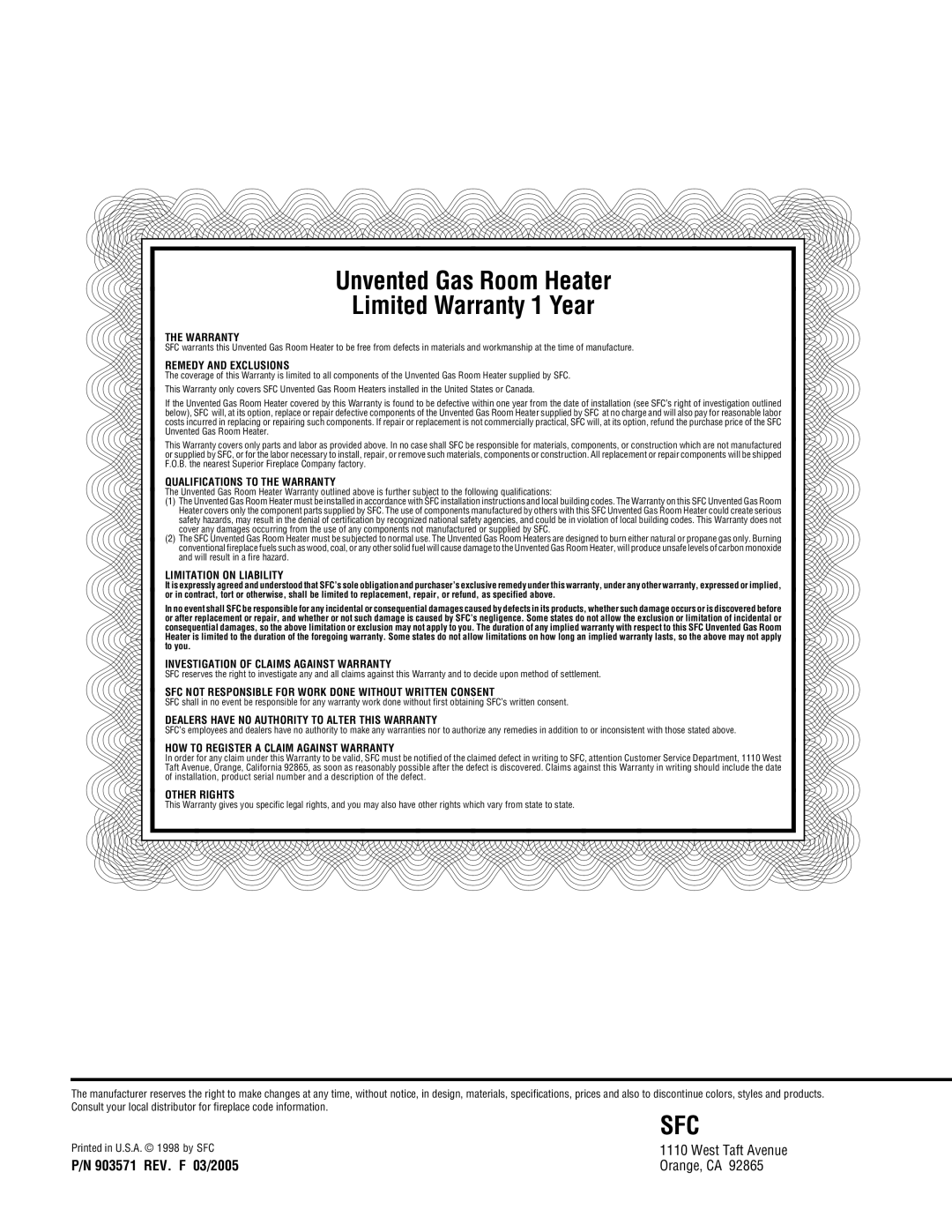 Superior VFST-CMP-2, VFPF-CMP-2, VFST-CMN-2, VFPF-CMN-2 installation instructions 903571 REV. F 03/2005, Orange, CA 