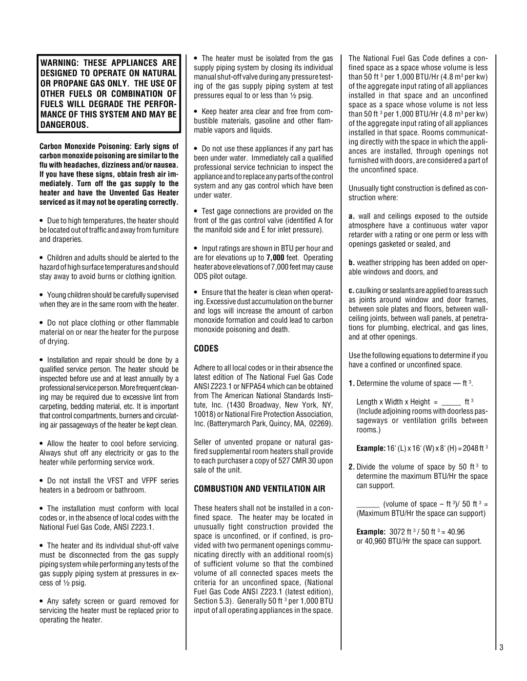 Superior VFPF-CMN-2, VFST-CMP-2, VFPF-CMP-2, VFST-CMN-2 installation instructions Codes, Combustion and Ventilation AIR 