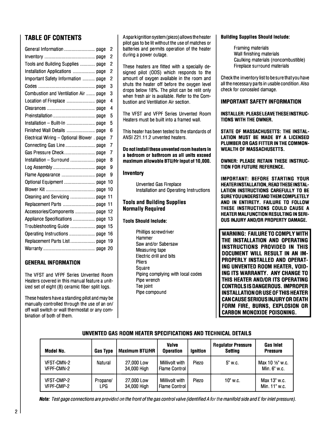 Superior VFST-CMN-2 Table Of Contents, General Information, Inventory, Tools and Building Supplies Normally Required 