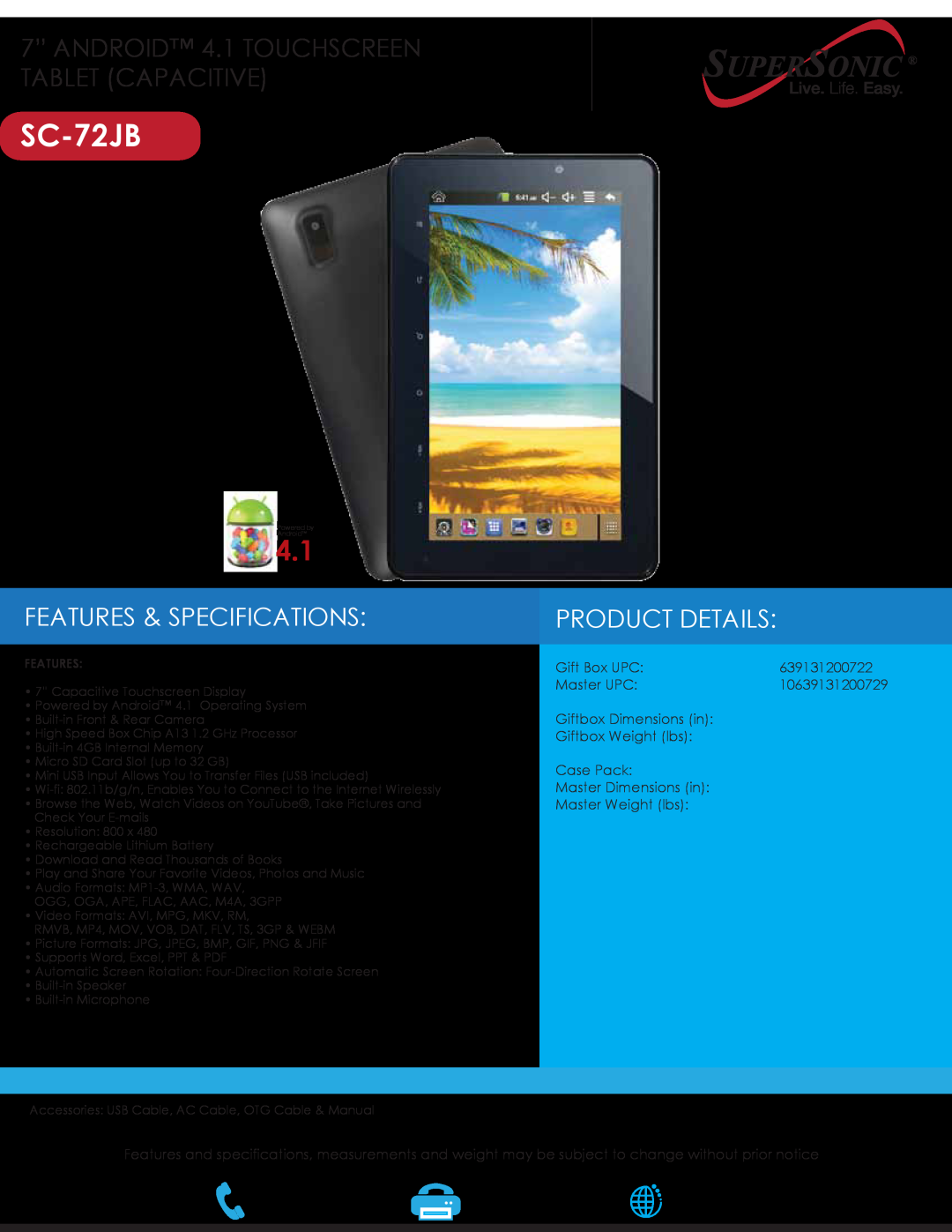 Supersonic SC72JB specifications SC-72JB, 7” ANDROID 4.1 TOUCHSCREEN TABLET CAPACITIVE, Features & Specifications 