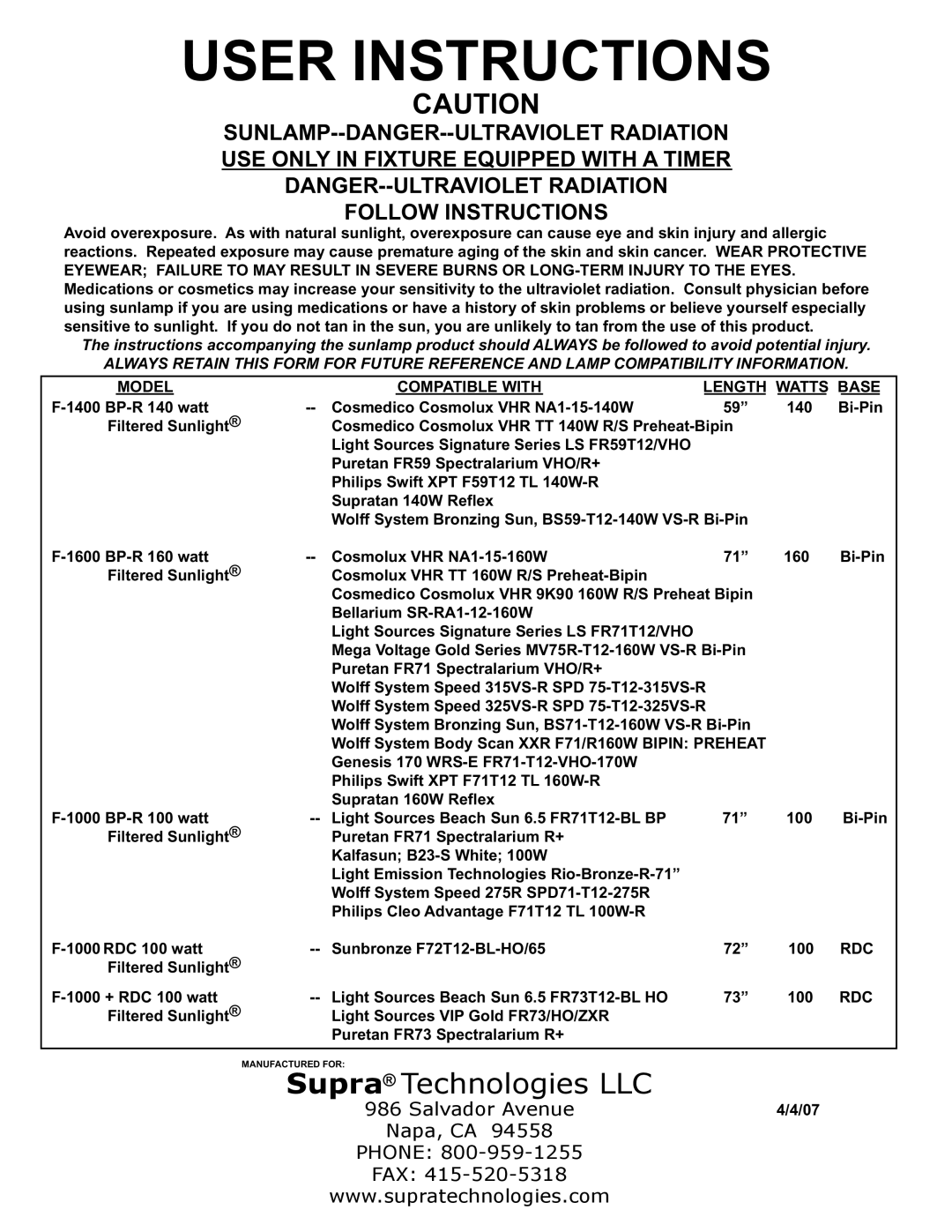 Supra F-1400 BP-R, F-1000 + RDC, F-1600 BP-R manual User Instructions, Model Compatible with Length Watts Base, Rdc 