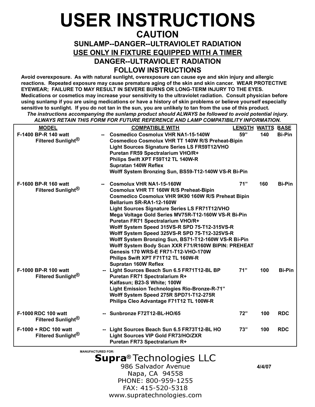 Supra F-1400 BP-R manual User Instructions, Supra Technologies LLC, Sunlamp--Danger--Ultraviolet Radiation, Napa, CA 
